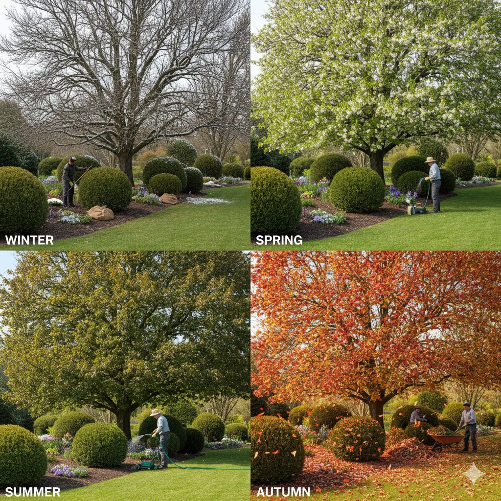 Seasonal tree and bush maintenance showing year-round care practices